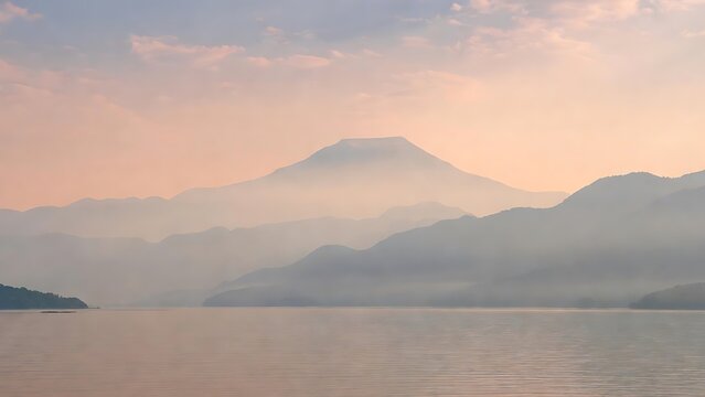 Pastel sunrise over a calm lake with distant hazy mountain ranges - Powered by Adobe