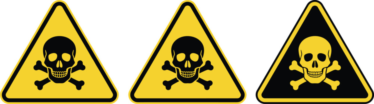 Lethal danger and poison warning sign set featuring yellow and black triangular symbols with skull and crossbones silhouettes for chemical safety and hazardous material identification