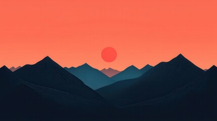 Minimalist orange and pink sky over silhouette of distant sharp mountain ridges