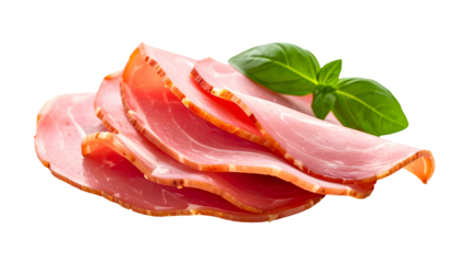 Sliced, cured meat with a delicate texture, paired with fresh green herb leaves
