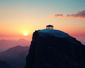 Ancient temple ruins atop mountains at sunset, mystical and cultural storytelling scene