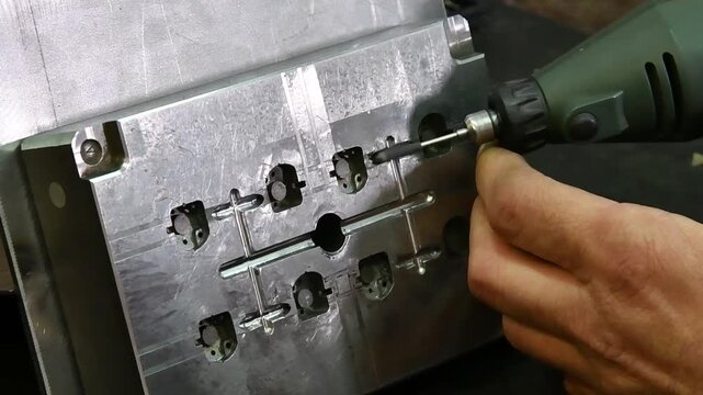 An employee grinds channels in a metal product. The grinding tool is in operation.