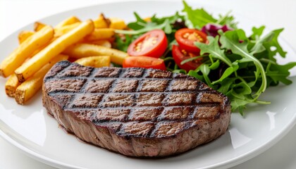 Grilled beef steak with crispy golden fries and fresh salad served on a white plate, isolated on a clean white background, perfect for restaurant menus, food advertising, and culinary promotions.