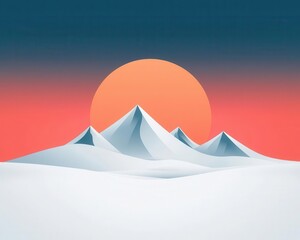 Sunset over snowcovered mountain summits, contrast of warm sky and cold terrain, winter adventure theme