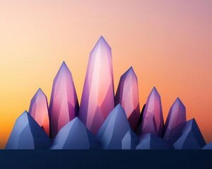 Fantasy mountain range with unusual crystal formations glowing under a surreal sunset sky