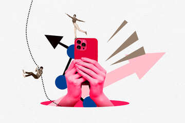 Template collage design 3D sketch of big hand hold smartphone young lady stand arrow point man hand line trade target success charts stats