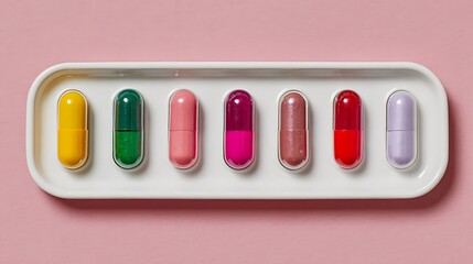 Colorful medicine capsules in a white tray, arranged on a soft pink surface