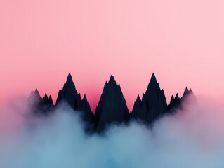 Vertical frame of tall jagged peaks piercing a colorful dusk sky, bold and dramatic