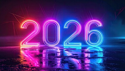 Futuristic neon text "2026" glowing on a wet surface with a blue-pink color gradient