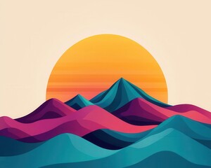 Abstract vectorstyle sunset over geometric mountain landscape, bold and colorful