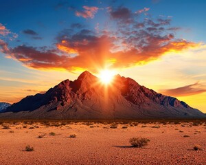Desert mountain range with red rock formations glowing at sunset, southwestern landscape theme