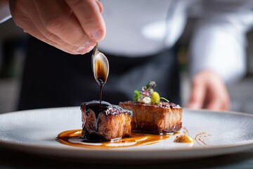 Chef carefully drizzling sauce over gourmet dish on elegant plate, showcasing culinary artistry and attention to detail in a fine dining environment with vibrant colors
