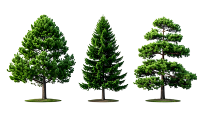 Three diverse evergreen trees with various shapes and lush, green foliage, isolated on black