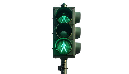 Green pedestrian crossing signal glows brightly, black background, close-up shot of a traffic light