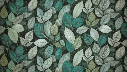 Seamless leaf pattern featuring various shades of green and gray leaves on dark background