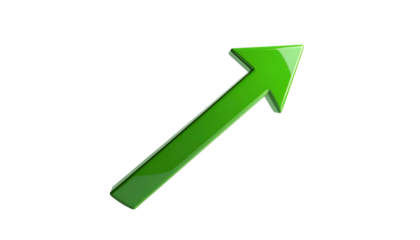 3D-rendered, glossy green arrow pointing diagonally upwards on a black background
