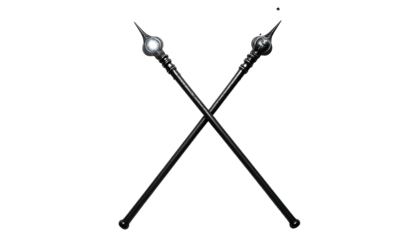 Two crossed ornate staves with glowing orbs at the tops, set against a black backdrop