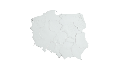A white relief map of Poland with its administrative divisions visible against black background