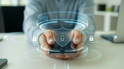 Person holding smartphone with holographic digital security shield