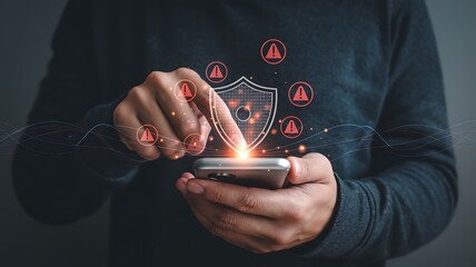 Person holding smartphone with digital security shield and warning