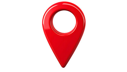 A glossy, red, three-dimensional location pin on a stark black background