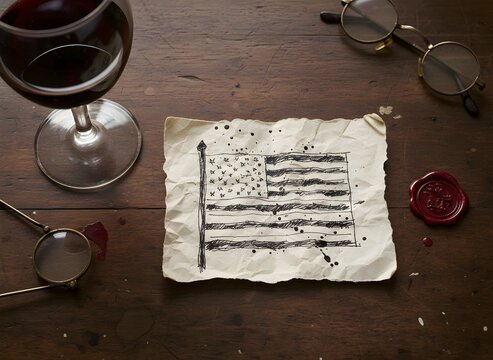Historical Document the Serapis Flag Sketch on Crumpled Paper with Antique Glasses Representing American Patriotism and Legacy