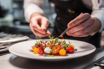 Chef's hands delicately plating a gourmet dish with vibrant vegetables and herbs, showcasing culinary artistry and attention to detail in a professional kitchen setting
