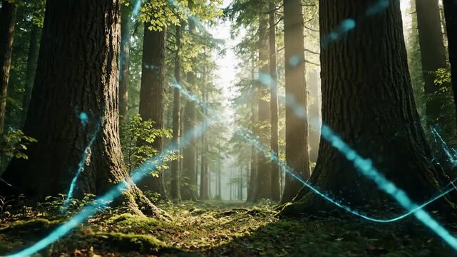 Atmospheric shot of a sun dappled forest floor animated with evolving, abstract digital light projections and soft glows. Creating an immersive, tranquil scene enhanced by delicate, non intrusive?