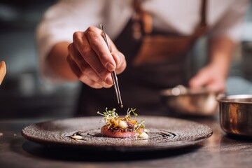 Chef's hands delicately plating a gourmet dish with vibrant vegetables and herbs, showcasing culinary artistry and attention to detail in a professional kitchen setting