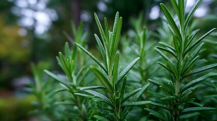 Close-up of vibrant rosemary plant with needle-like leaves, soft focus background (1)