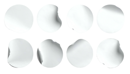 Eight gray circles, each with a curled edge, arranged in two rows on black