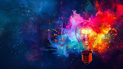Inventive thinking symbol glowing bulb with dynamic multicolor smoke cloud on dark background