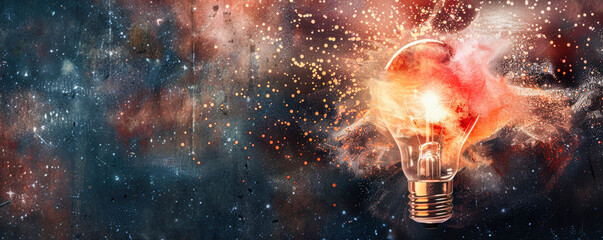 Illuminated bulb surrounded by blue pink red yellow smoke drops on deep blue backdrop horizontal