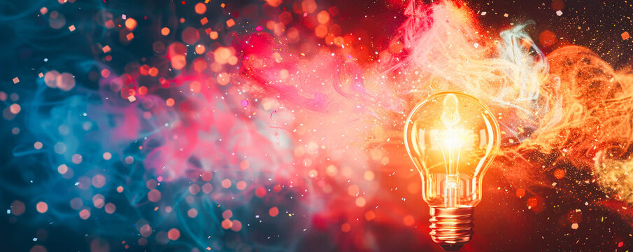 Colorful art concept illuminated bulb silhouette smoke explosion and liquid drops dark blue backdrop - Powered by Adobe