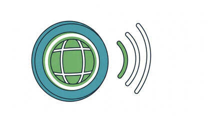 Green globe icon with signal waves representing global communication and connectivity
