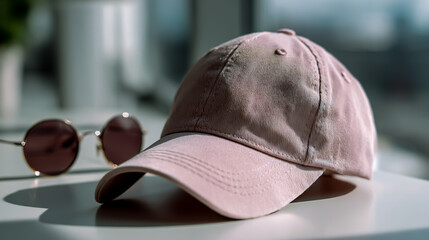 Pink baseball cap mockup on a white background with blurred sunglasses in the background, flat lay photography, high resolution, high quality, high detail,