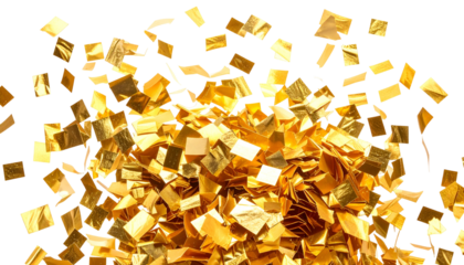 Close-up of golden rectangular confetti pieces falling and piled on a black backdrop
