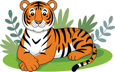 Cute cartoon tiger lying on grass in jungle foliage adorable happy wildcat character illustration for children's book animal education materials wildlife conservation awareness campaign graphic design