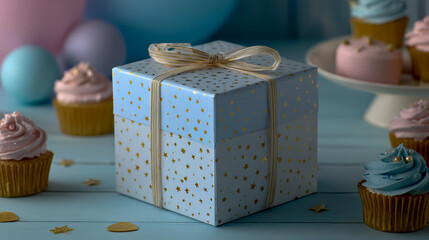 product mockup of gift box with white paper label and gold stars, in light blue color palette, on table next to cupcakes, pastel colors, party decorations in background