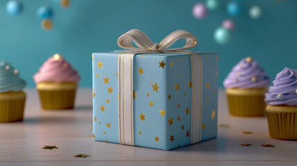product mockup of gift box with white paper label and gold stars, in light blue color palette, on table next to cupcakes, pastel colors, party decorations in background