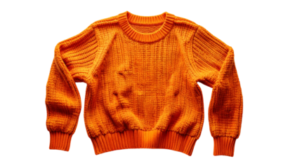 A vibrant orange knitted sweater with ribbed cuffs and neckline, isolated on a black background