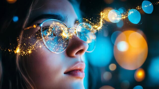 Young woman with glasses having light particles and bokeh passing through her eyes, a digital vision concept