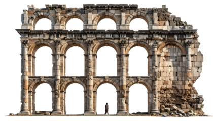 Weathered facade with arched openings, showing historic stonework, and missing sections