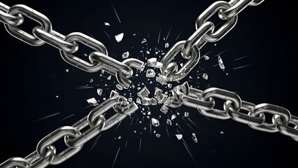 Breaking free: dynamic shattered chain on dark backdrop symbolizing liberation and power