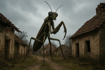 Giant Insect on a Desolate Street in Abandoned Village Scene