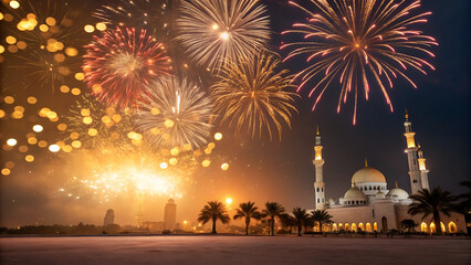Fireworks and Golden Bokeh Lights on Festive Background for New Year Celebration, Ramadan Holiday Event and Joyful Festival Concept with Copy Space
