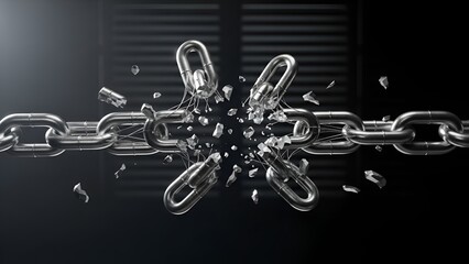 Broken metal chain, signifying freedom, resilience and overcoming obstacles, breaking point, and