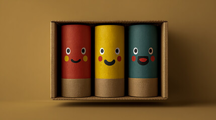 Product packaging for three colorful paper tubes with happy faces. Packaging design concept for kids, mockup in a cardboard box, on a solid background