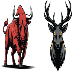 Vibrant animal illustrations of bull and deer head