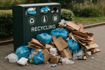 Overflowing Recycling Bin Surrounded by Bags of Waste in Urban Setting
